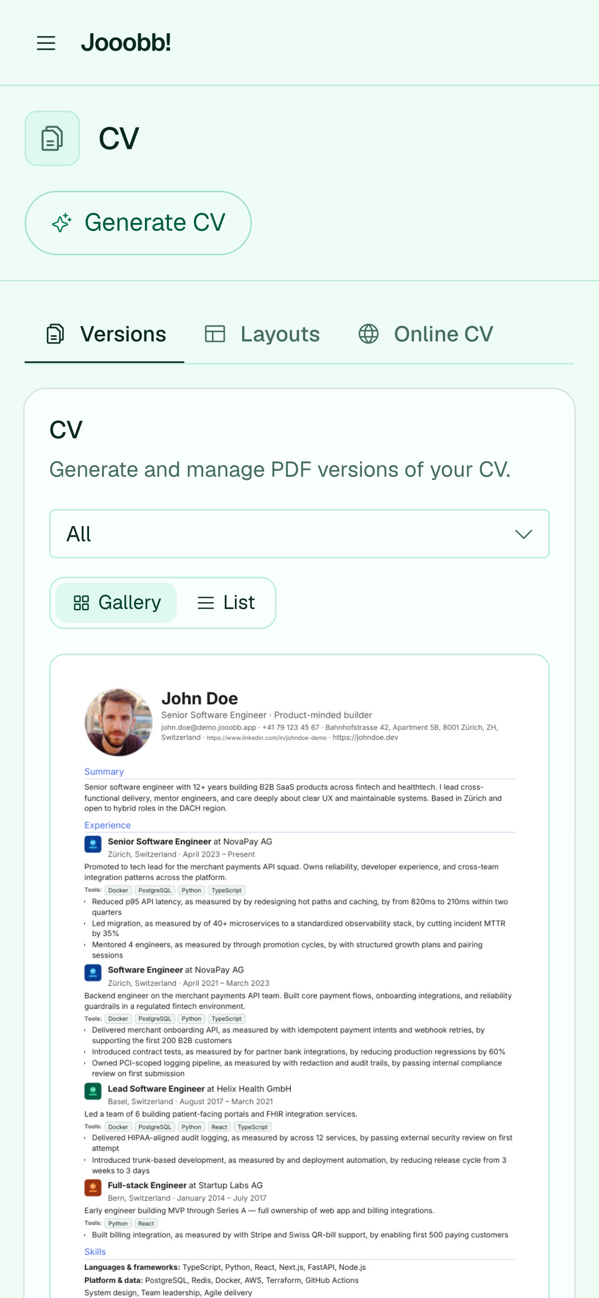 Saved generated CV versions