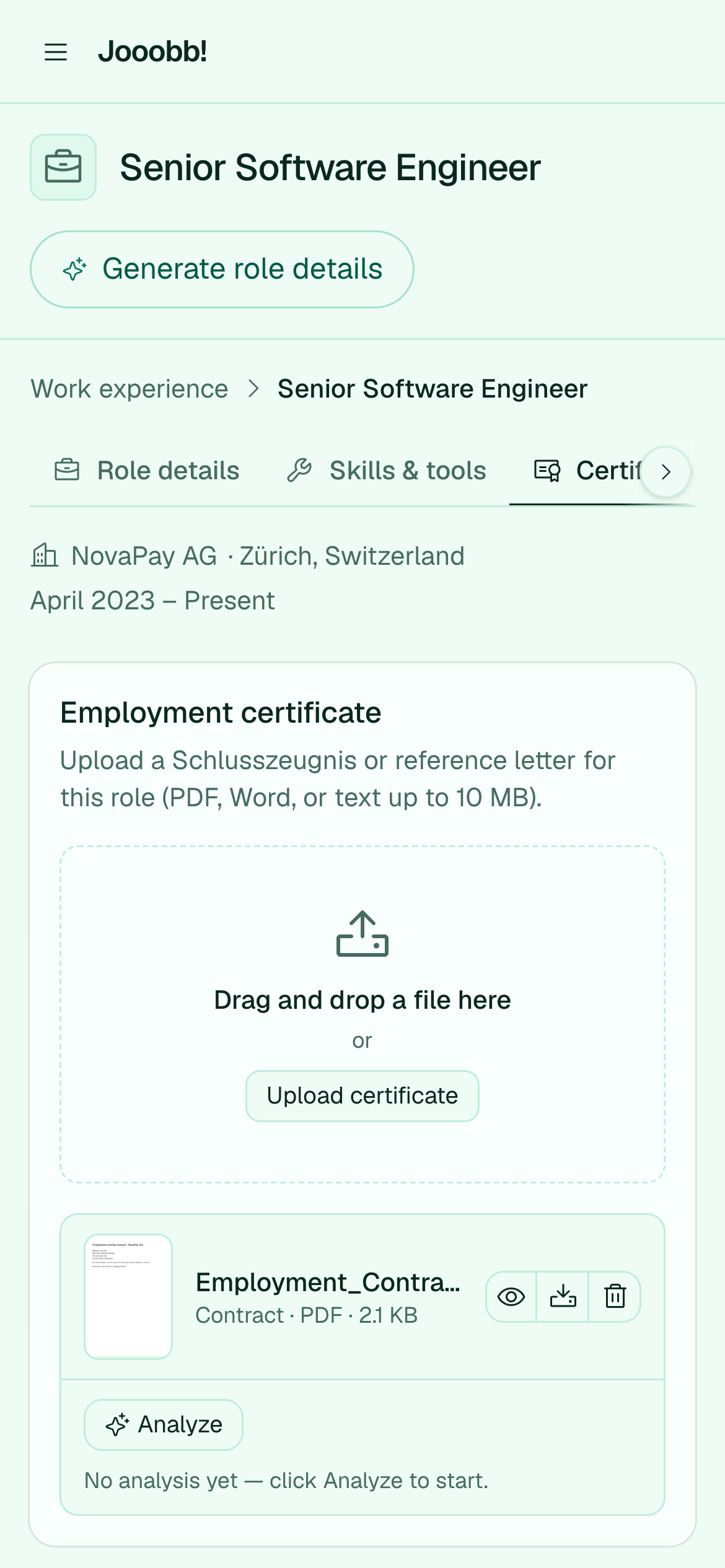 Certificate and reference documents on an experience