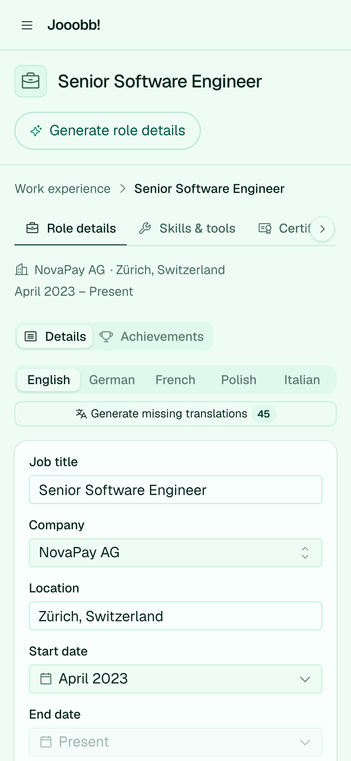 Editing role details for a work experience entry