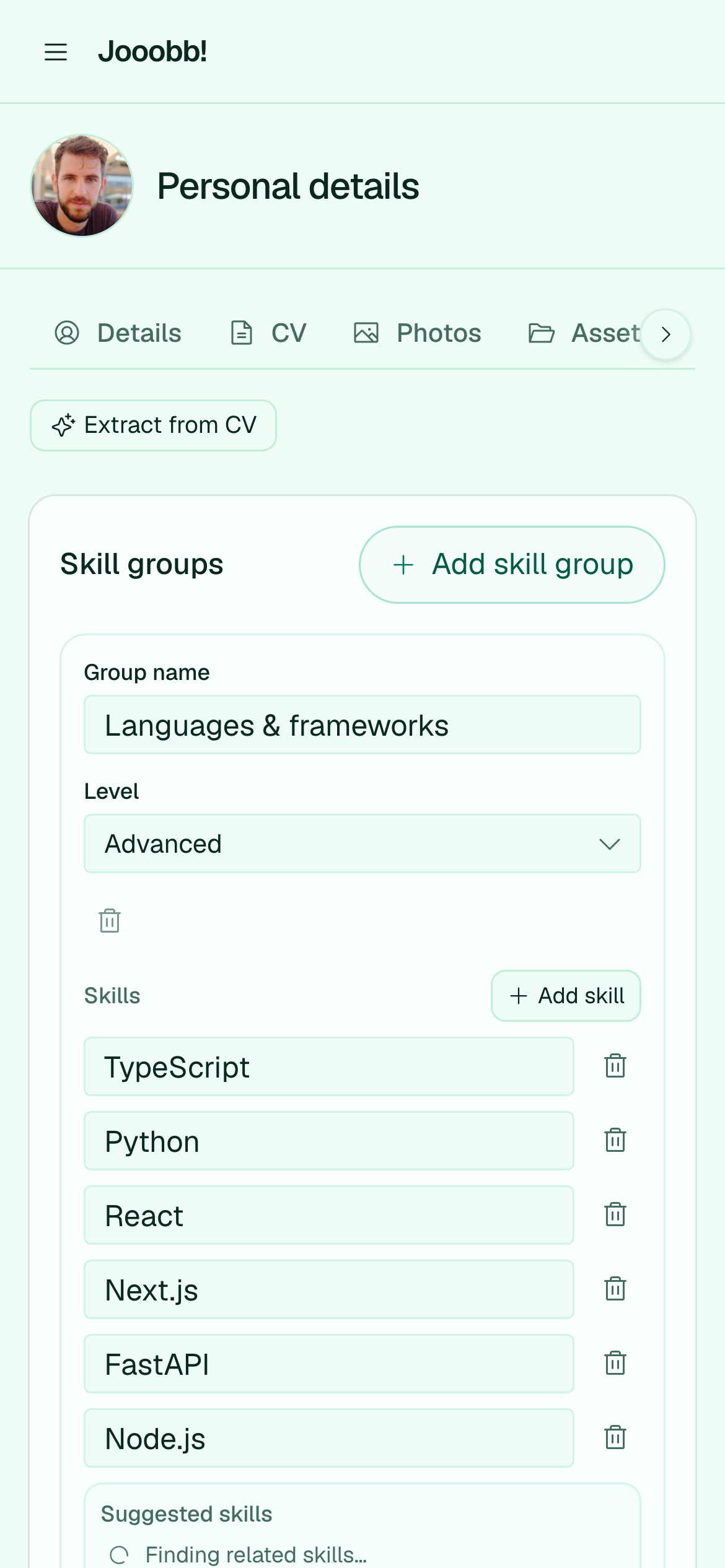 Skill sets on the personal details page