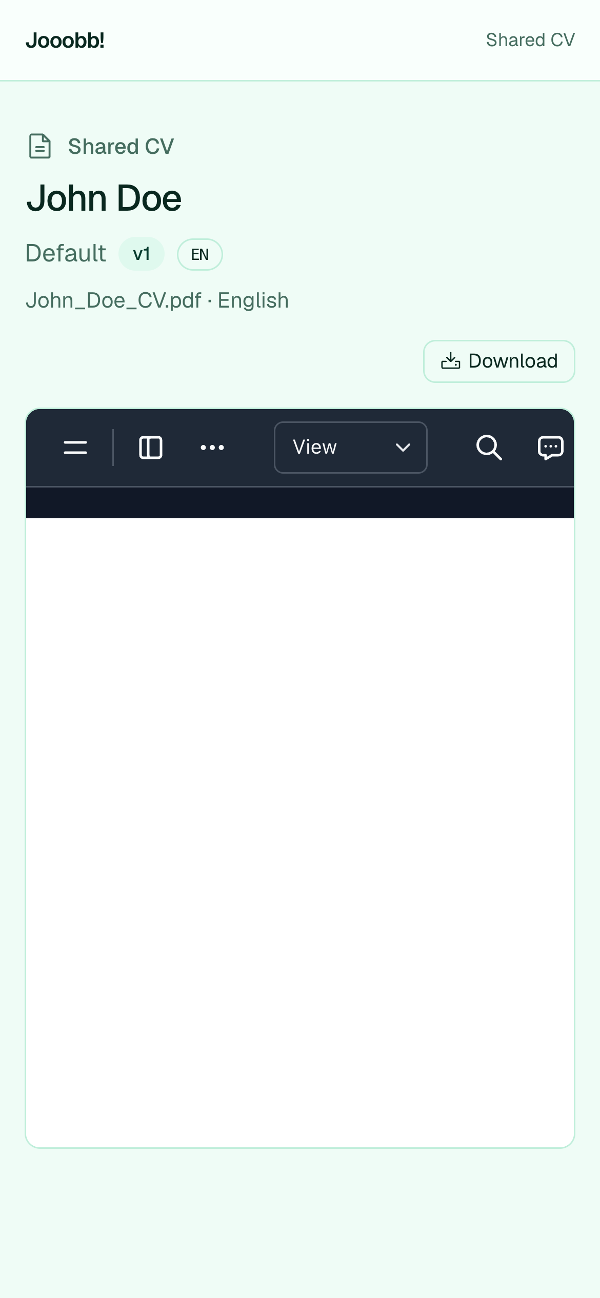 Public CV PDF share page with preview and download